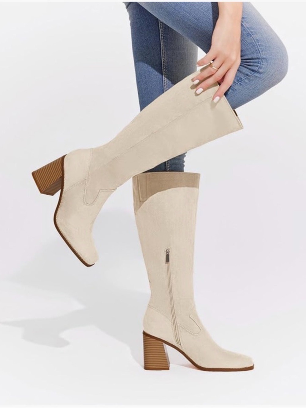 Coutgo Women's Beige Suede Block Heel Knee High Boots Size 9.5